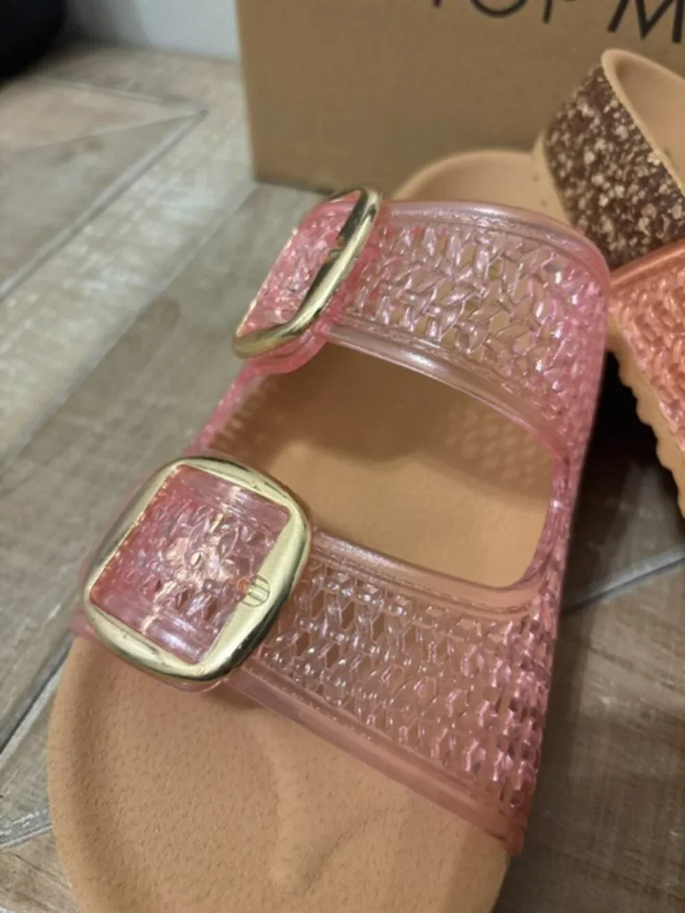 NEW Top Moda Seattle Clear Double Strap Slide Sandals Pink Size 7 - Picture 2 of 6